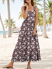 ieftine Rochii florale-Pentru femei Rochii Midi Rochie de Vară Rochie A line Rochie cu umeri Elegant Vacanță Casual Fit regulat Floral Grafic Fără manșon În U Scoateți gâtul Roșu Vin Albastru piscină Trifoi Vară Primăvară