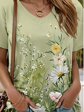 billige Blomster t-skjorte-Dame T skjorte Blomstret Grafisk Planter Årgang Stilfull Klassisk Kortermet V-hals Vanlige topper Daglig Ut på byen Helg Trykt mønster Grønn Sommer Vår