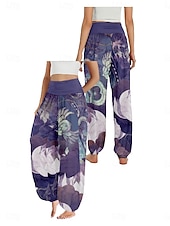 baratos Calça de linho de algodão gráfico-Mulheres Calças inspiradas em linho Perna larga Calças Estilo Étnico Casual Boho Comprimento total Cintura Alta Floral Bolsos Cintura elástica Estampado Respirabilidade Macio Micro-Elástica Ao ar