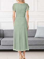 cheap Wedding Guest Dresses-A-Line Wedding Guest Dresses Elegant Dress Wedding Guest Engagement Tea Length Short Sleeve V Neck Chiffon with Pleats Ruched