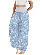 billiga Byxor-Dam Linneinspirerade byxor Brett skaft Byxor Etnisk Stil Ledigt Boho Fullängd Hög midja Blommig Ficka Elastisk midja Tryck Mateial som andas Mjuk Microelastisk Utomhus Yoga Rosa Kungsblå Blå Purpur