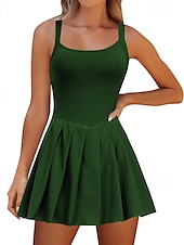 cheap Women&#039;s Tennis Dress-US Open Women&#039;s Tennis Dress with Shorts Sports Dress Sleeveless Pleated Breathable Tennis Golf Pickleball Square Neck Solid Colored Dress Black Blue Dark Green Tennis Clothing