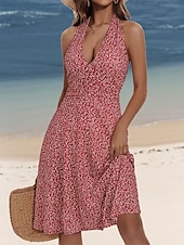 abordables Robes fleuries-Femmes Mini Robe Robe trapèze Robe dos nu Vacances Occasionnel Boho Extérieur Sortir Plage Coupe régulière Fleuri Sans manches Col Halter Jaune Rouge Bleu Vert Été