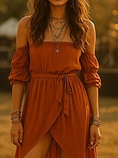 olcso Egyszerű ruha-Női Boho Ruha Nyugati Ruha Vintage Midi Ruha Kapcsolós Ruha A Vonallal Ruha Váll nélküli Ruha Vakáció Hétköznapi Boho Kültéri Kimenő Strand Normál Illeszkedés Egyszínű Fél Ujjú Vállnélküli Piros