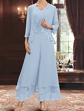 economico Tailleur pantalone della mamma-Set di Abiti Madre della Sposa Abito Ospite di Matrimonio Elegante Semplice V Collo Lunghezza Piena Poliestere Maniche Lunghe con Ricamo