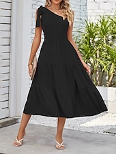 abordables Robes-Femmes Robe Midi Robe Blanche Robe en coton et lin Mode Moderne Extérieur Vacances Anniversaire Coupe régulière Uni Sans manches Une Épaule Rose Claire Noir Blanche Vert Véronèse Été