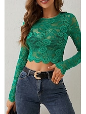 olcso Csipkés felsők-Női Blúz Csipke felsők Sima Elegáns Stílusos Hosszú ujj Terített nyak Crop Tops Napi Alkalmi Csipke Fehér Lóhere Nyár