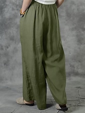 economico Pantaloni in lino e cotone semplici-Pantaloni in Cotone e Lino da Donna Pantaloni Baggy a Gamba Larga Colore Unito Vacanza Base Casual Lunghezza Completa Vita Alta Semplice Tasca Elasticizzato Comfort Esterno Micro-elastico Vacanza