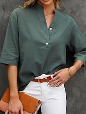 abordables Camisas-Mujer Camisa Color sólido Plano Bohemia Diario Elegante Manga 3/4 Cuello Alto Tops regulares Diario Festivos Noche Botones Negro Rosa Azul Piscina Morado Verde Trébol Verano Primavera