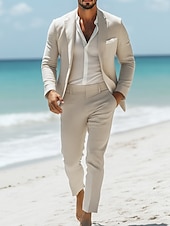cheap Beach Suits-Men&#039;s Casual Linen Suits Beige Half Lined Lightweight Summer Solid Colored Standard Fit 2 Piece Single Breasted One-button