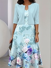 preiswerte Blumenkleid-Damen Kleid Set Midi Kleid A-Linien Kleid Sommer Kleid Party Semi Formal Florale Grafik Druck Halbärmel V-Ausschnitt Hochzeitsgast täglich Blau Sommer Frühling Reguläre Passform