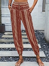 preiswerte weites Bein und hohe Taille-Damen Jogginghose Hosen Hose Urlaub Boho Volle Länge Mittlere Taille Geometrisch Elastischer Bund Atmungsaktiv Bequem Mikroelastisch Straße Alltagskleidung Ausgehen Dunkelbraun Weiß Rot Dunkelgrün