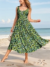 preiswerte Blumenkleider-Damen Midikleid Sommerkleid A Linie Kleid Schulterfreies Kleid Elegant Urlaub Lässig Formpassend Blumen Grafik Ärmellos U-Ausschnitt Rundausschnitt Rote Blau Purpur Grün Sommer Frühling