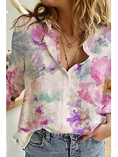 billige Skjorter-Dame Skjorte Knapp opp Bluse Blomsternål i krystall Moderne Fritid Langermet Skjortekrage Vanlige topper Daglig Ut på byen Trykt mønster Gul Lysegrønn Rosa Lilla Grønn Sommer