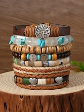 cheap Women&#039;s Bracelet-Boho Leather and Bead Bracelet Set for Men and Women – Adjustable Friendship, Tree of Life Charm – Vintage Handmade Tribal Accessories for Casual Wear, Festivals and Daily Fashion