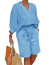 preiswerte Sets-Damen Mode Streetwear Hemd Baumwoll-Leinen-Sets Zweiteilige Sets Strandshorts Kurzarm V Ausschnitt Einfarbig Kordelzug Alltagskleidung Date Blau Khaki Grau Sommer Normale Passform