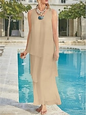 economico Lunghezza del pavimento-Matrimonio in Spiaggia Abito Madre della Sposa Linea A Ospite di Matrimonio Elegante Semplice Collo a V Lunghezza Caviglia Chiffon Senza Maniche con Strati Colore Solido 2025 misura personalizzata