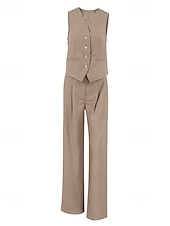 abordables Ensembles chemisiers pour femmes-Femmes Actif Mode Chemisier Gilet Ensembles de Pantalons Sans manches Col en V Couleur Unie Dubbele Rij Knopen Extérieur Fête Noir Marron Gris Été Coupe régulière