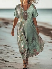 abordables Robes Bohémiennes-Femmes Robe Longue Maxi Robe Robe Décontractée Robe d&#039;été Robe bohème africain Vacances Quotidien Week-end Coupe régulière Fleuri Manche Courte Col en V Vert Claire Violet Vert Abricot Été