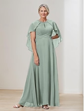 cheap Floor Length-Cape Dress A-Line Mother of the Bride Dress Elegant Simple Wedding Guest Dress Minimalist Crew Neck Floor Length Chiffon Beaded Lace Short Sleeve with Lace Beading