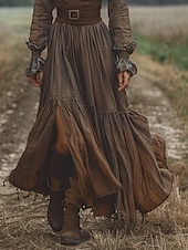 tanie Sukienki boho-Damskie Długa sukienka sukienka maxi Codzienne sukienki Sukienka rozkloszowana Letnie sukienki Sukienka Boho Zabytkowe Urlop Codzienny Święto Regularny Czyste kolory Długi rękaw W serek Brązowy Lato