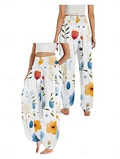 economico Pantaloni-Per donna Pantaloni ispirati al lino Gamba larga Pantaloni Stile Etnico Casual Boho Lunghezza intera Vita Alta Floreale Foglia Tropicale Tasca Elastico in vita Stampa Traspirabilità Morbido