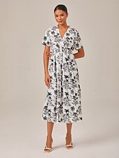 voordelige Bloemenjurken-zwart &amp;witte midi-jurk in strandprint in vakantiestijl