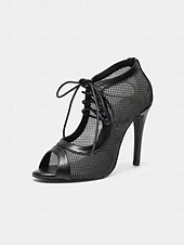 abordables Chaussures de danses latines-Escarpins de danse latine à lacets en maille noire pour femmes avec bout ouvert – chaussures de salsa à talons aiguilles respirantes pour la performance, la fête et l&#039;entraînement