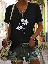 abordables T-shirt floral-Femmes T-shirt Fleuri Graphique Plantes ancien Élégant Classique Manche Courte Col en V Hauts Réguliers Quotidien Week-end Imprimé Noir Gris Été Printemps