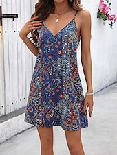 tanie Sukienki boho-Damskie Sukienka mini Sukienka A line Urlop Codzienny Boho Na zewnątrz Wyjściowe Plaża Luźna Graficzny Plemienny Bez rękawów Dekolt w kształcie litery U Ciemnoniebieski Lato