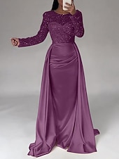 cheap CHAMPAGNE-Mermaid Sequin Evening Gown Ruched Champagne Satin Dress Long Sleeves Masquerade Floor Length Illusion Neck with Pearls Overskirt dress 2025