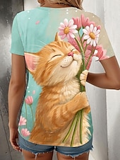 billiga Djur tee-Dam T-shirt Grafisk Djur Katt Stylish Klassisk Ledigt Kortärmad Rund hals Vanliga toppar Dagligen Helgen Mönster Grön Sommar Vår