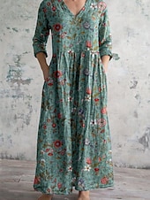 preiswerte Blumenkleider-Damen Langes Kleid Maxikleid Freizeitkleid Sommerkleid Boho-Kleid Mode Urlaub Täglich Wochenende Normale Passform Blumen Langarm V Ausschnitt wasserblau Blau Dunkelgrün Braun Sommer