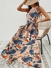billiga Boho klänningar-Dam Maxiklänning A linjeklänning Off Shoulder Klänning Semester Ledigt Boho Utomhus Utekväll Normal Grafisk Paisley Ärmlös Halterneck Blå Purpur Brun Aprikos Sommar