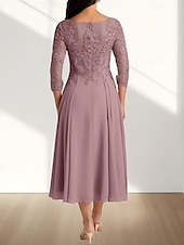 abordables Longueur du thé-Robe Mère de la Mariée A-Line Invité de Mariage Élégante Col Arrondi Longueur Thé Chiffon Manches 3/4 avec Plis Appliques Robe Midi 2025