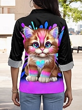 economico Animali Tops-Lil Kitty di Sheena Pike Camicia da donna a maniche lunghe con colletto a bottoni grafica animale gatto stilosa moderna casual colletto regolare top da lavoro quotidiano stampa bottoni neri primavera