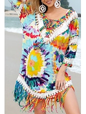 cheap Beach Dresses-Women&#039;s Swimwear Cover Up Swimsuit Fringe Hem Tropical Beach Wear Flower V Wire Long Sleeve Bathing Suits