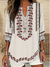voordelige Dames Boho Tops-Dames Boho Blouse Grafisch Geometrisch Paisley Elegant Bohemia Vintage Lange Mouw V-hals Regular Tops Dagelijks Print Zwart Blauw Lichtgrijs Beige Zomer Lente