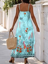 preiswerte Blumenkleider-Damen Maxikleid A Linie Kleid Unterkleid Urlaub Lässig Boho Ausgehen Normale Passform Blumen Grafik Ärmellos V Ausschnitt Spaghettiträger Blau Sommer Frühling
