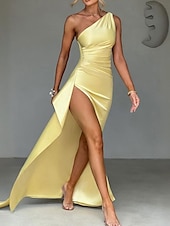 abordables Robes de bal de promo-Robe de fête sirène  trompette Jaune Robe élégante Mariage Invité de mariage Longue crue Sans manches Une épaule Satin avec détails plissés