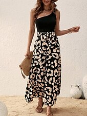 abordables Robes fleuries élégantes-Femmes Robe Midi Robe Décontractée Robe d&#039;été Élégant Mode Moderne Quotidien Plage Week-end Coupe régulière Léopard Sans manches Une Épaule Noir bleu marine Été