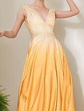 cheap YELLOW-Ombre Yellow Dress Evening Gown Semi Formal Wedding Guest Floor Length Sleeveless Off Shoulder Plunge Neck Satin with Pleats