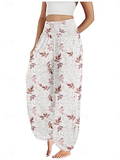 billiga Grafisk linnebyxa i bomull-Dam Linneinspirerade byxor Brett skaft Byxor Etnisk Stil Ledigt Boho Fullängd Hög midja Blommig Ficka Elastisk midja Tryck Mateial som andas Mjuk Microelastisk Utomhus Yoga Vit Gul Rosa Purpur Sommar