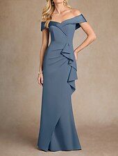 economico Abiti da damigella-Abito da damigella a sirena/tromba, con spalle scoperte, manica corta, elegante, lungo fino al pavimento, tessuto elasticizzato con volant/arricciature 2025