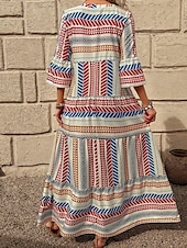 billige Boho-kjoler-Dame Maxikjole Solkjole Kjole med A-linje Fit And Flare Dress Ferie Fritid Bohem utendørs Fest Ut på byen Normal Grafisk Geometrisk Stamme Ermeløs V-hals Rød Blå Grønn Sommer Vår