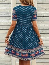 billige Boho-kjoler-Dame Mini kjole Kjole med A-linje Ferie Fritid Bohem utendørs Ut på byen Normal Blomstret Grafisk Kortermet Spagettistropper Navyblå Sommer
