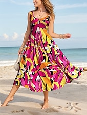 preiswerte Streifen- und geometrische Kleider-Damen Midikleid Freizeitkleid Sommerkleid A Linie Kleid Schulterfreies Kleid Urlaub Lässig Normale Passform Grafik Geometrisch Abstrakt Ärmellos U-Ausschnitt Rundausschnitt Rote Blau Purpur Grün