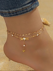 cheap Women&#039;s Bracelet-Women&#039;s Gold-Tone &#039;MOM&#039; Heart Charm Anklet – Double-Layer Crystal Chain Design for Mothers, Elegant Beach Jewelry, Perfect Mother&#039;s Day Gift