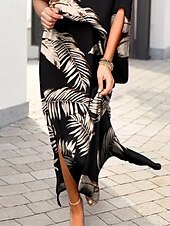 billiga Blommiga klänningar-Dam Maxiklänning Off Shoulder Klänning Semester Ledigt Boho Utomhus Strand Lös passning Grafisk Löv 3/4 ärm Enaxlad Svart Vit Blå Kaki Sommar