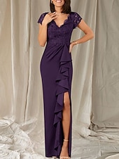 preiswerte Bodenlänge-Meerjungfrau  Trompeten Brautmutter Kleid Hochzeitsgast Eleganter V-Ausschnitt Bodenlang Chiffon Spitze Cap Ärmeln mit Spitzen Rüschen Applikationen